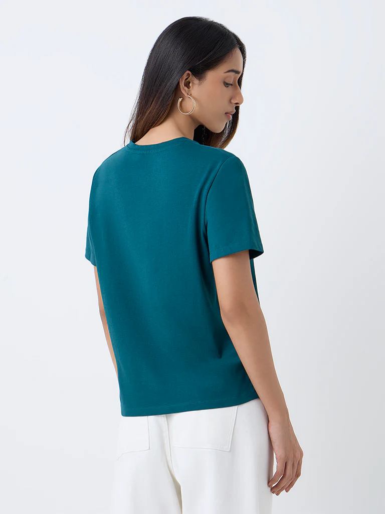 LOV Teal Printed Cotton T-Shirt - Image 4