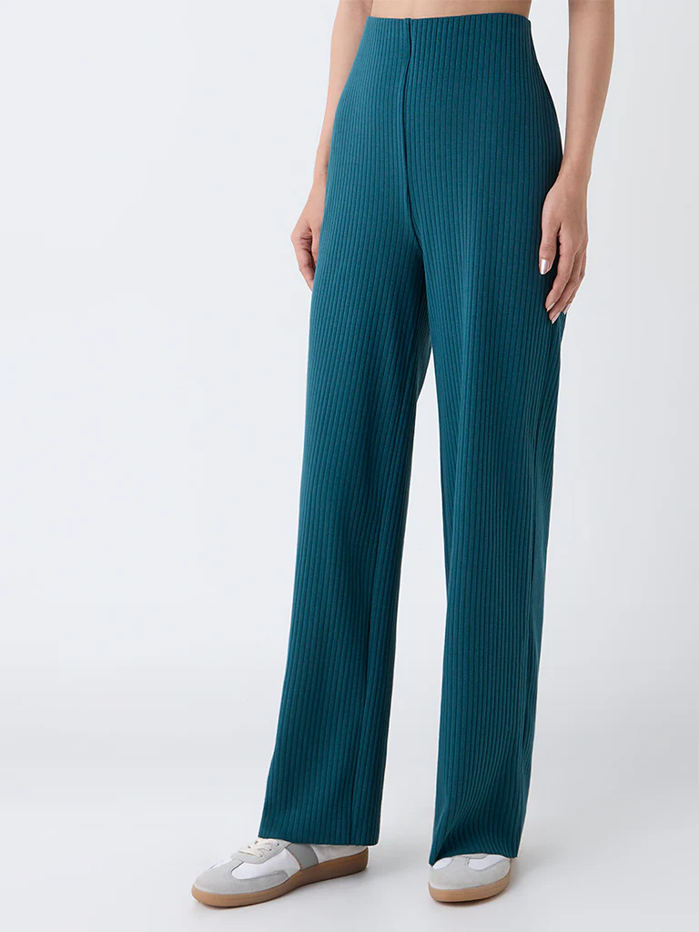 LOV Teal Ribbed-Textured High-Rise Cotton-Blend Pants - Image 2