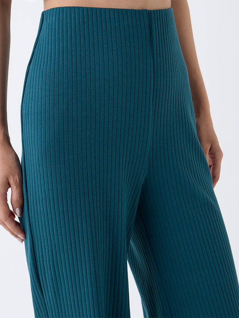 LOV Teal Ribbed-Textured High-Rise Cotton-Blend Pants - Image 3