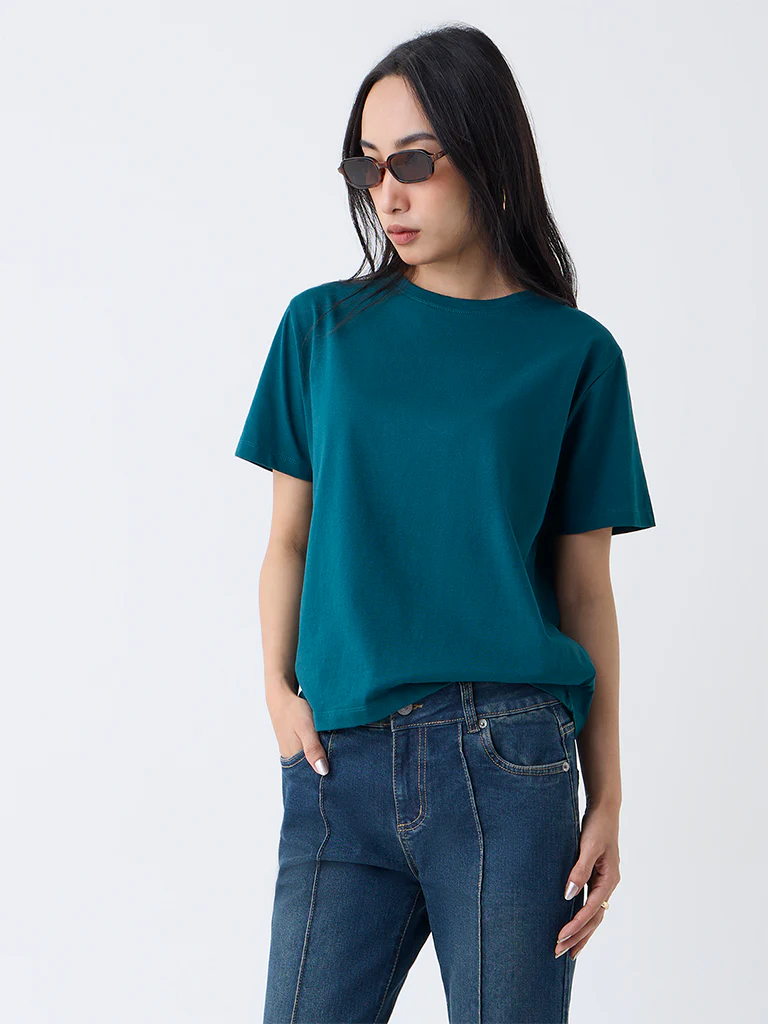 LOV Teal Solid Cotton T-Shirt - Image 2