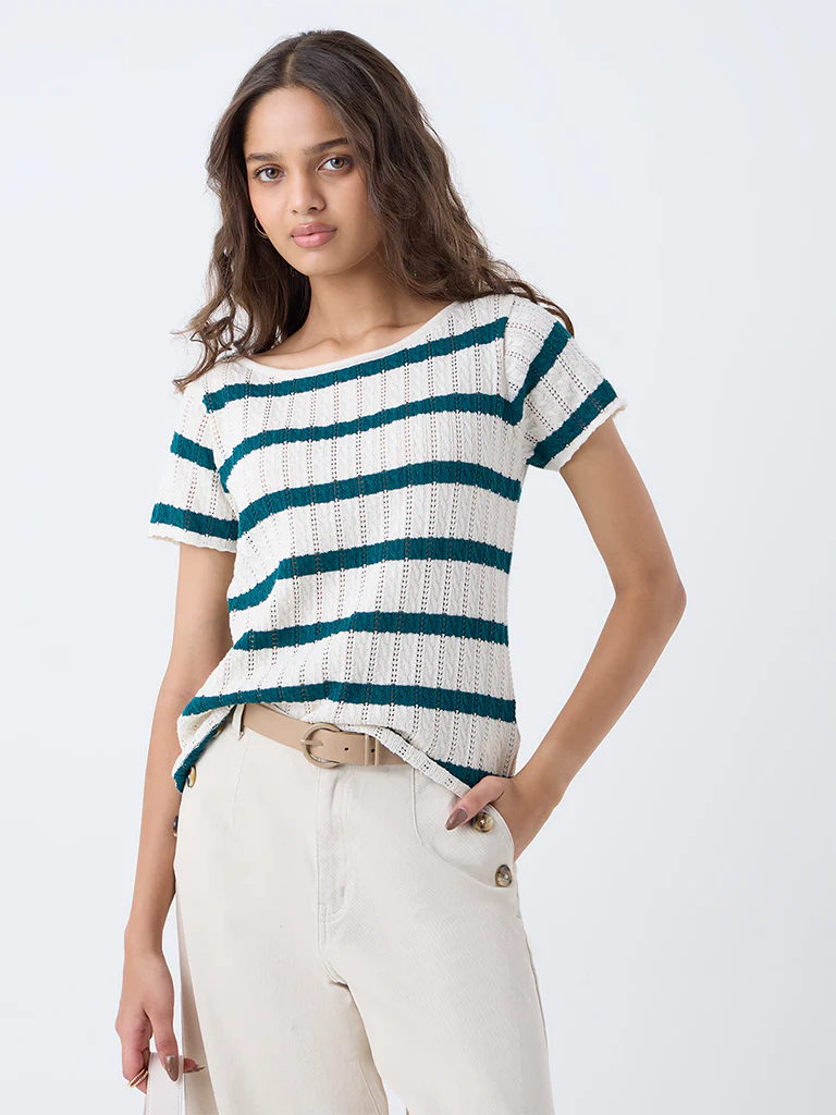 LOV Teal Striped Cotton-Blend Top