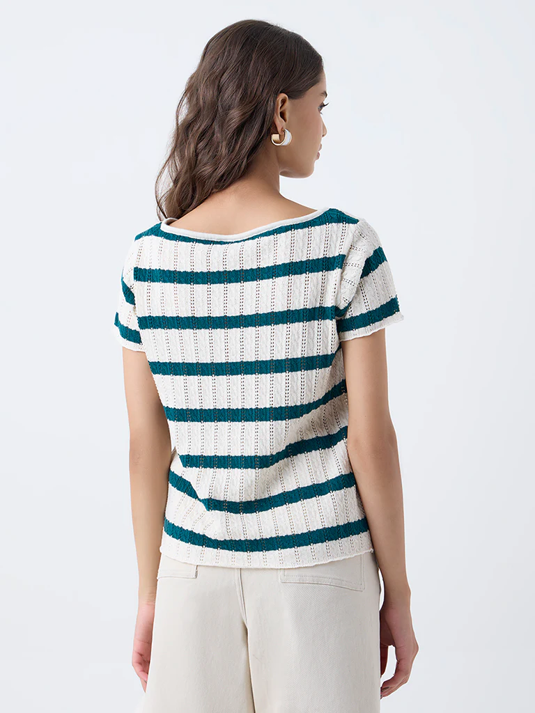 LOV Teal Striped Cotton-Blend Top - Image 4