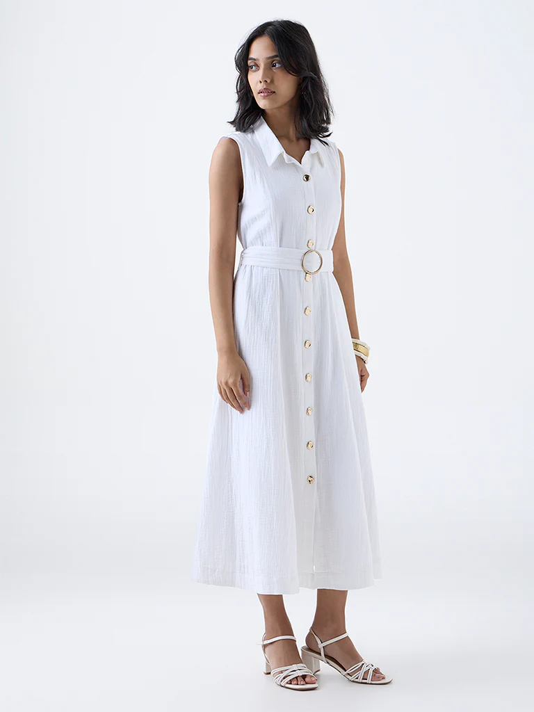 LOV White Crinkle-Textured Cotton Shirt Dress - Image 2
