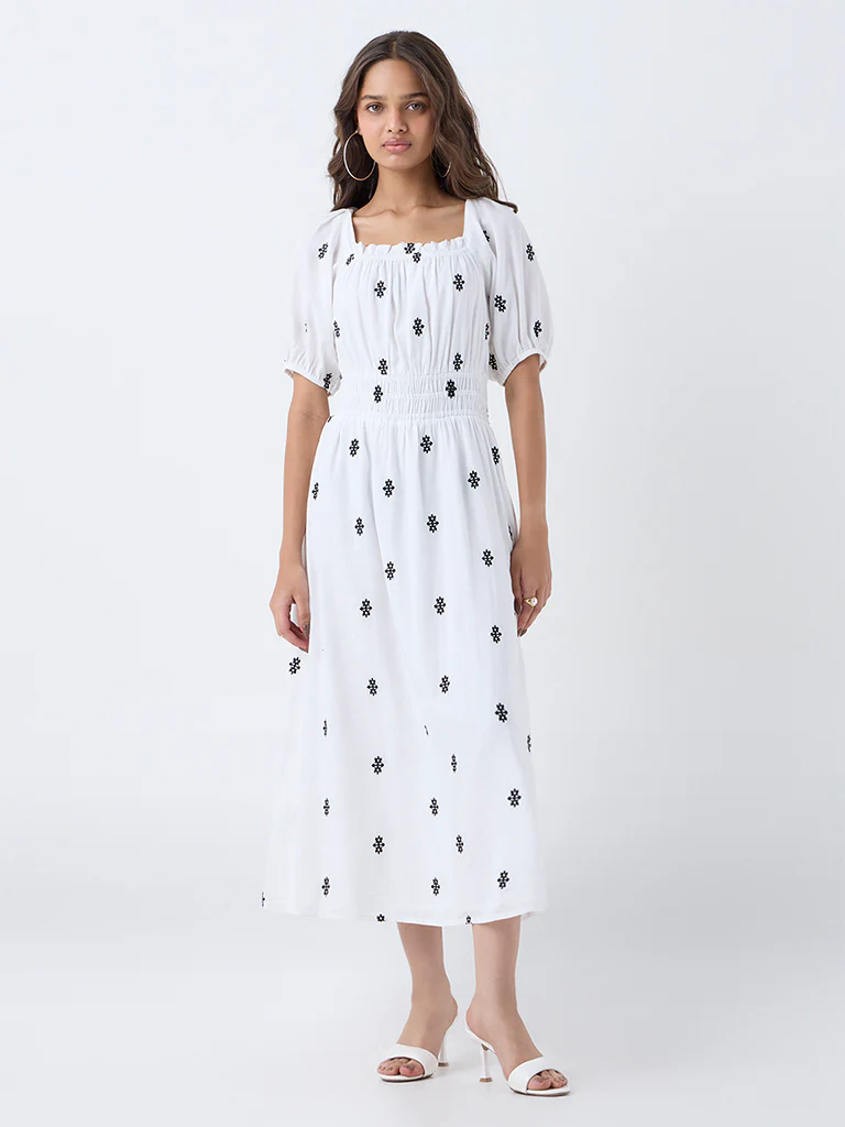 LOV White Embroidered A-Line Dress