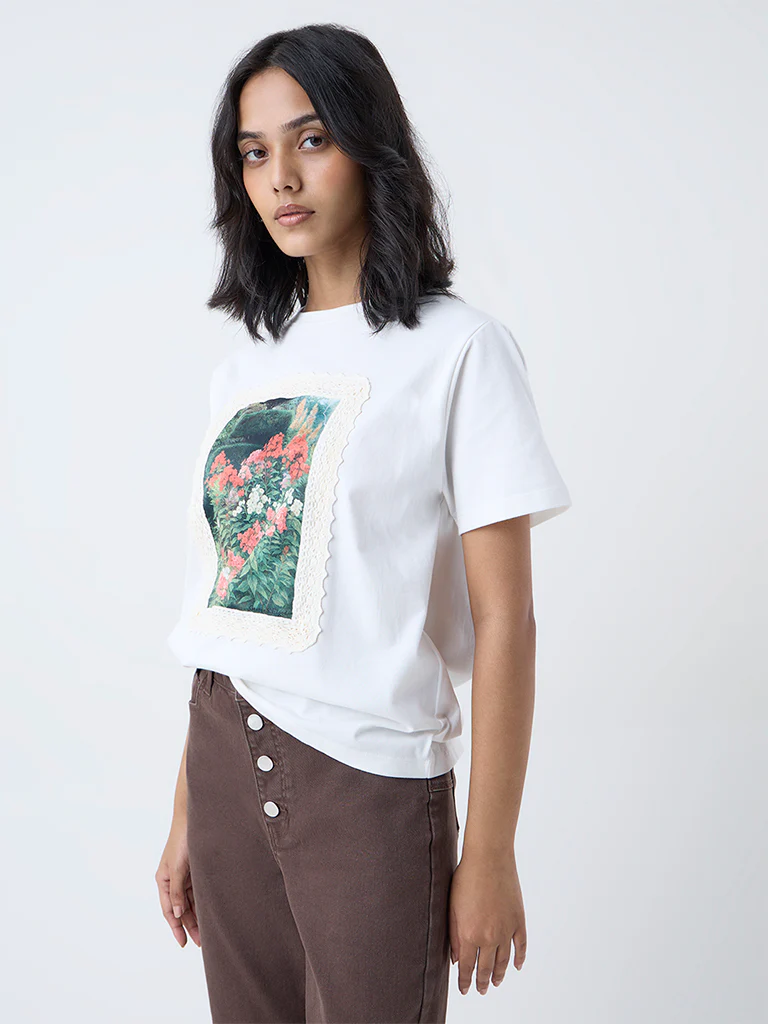 LOV White Floral Design Cotton T-Shirt - Image 2