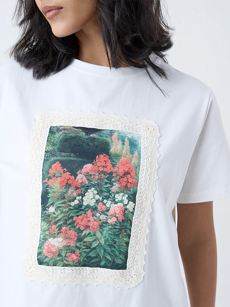 LOV White Floral Design Cotton T-Shirt - Image 3