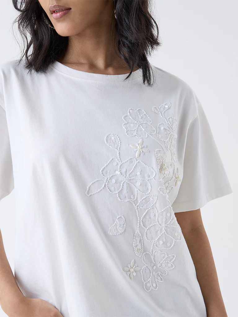 LOV White Floral Embellished Cotton T-Shirt - Image 3