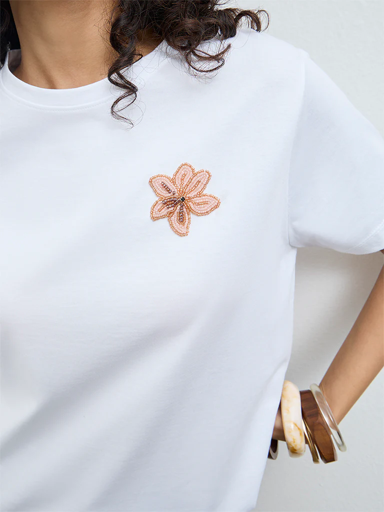 LOV White Floral Embellished Cotton T-Shirt - Image 3