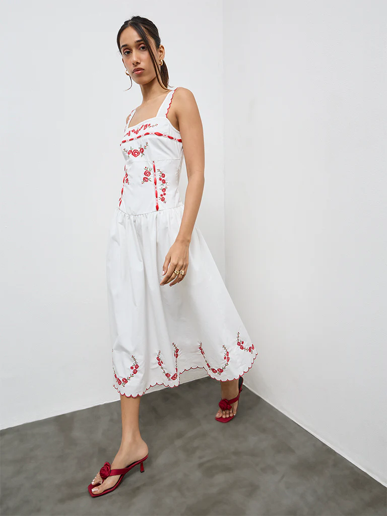 LOV White Floral Embroidered Cotton A-Line Dress - Image 2