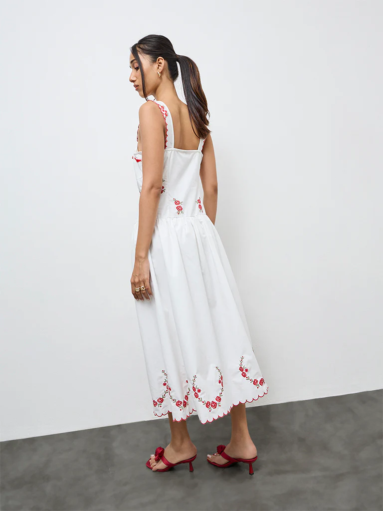 LOV White Floral Embroidered Cotton A-Line Dress - Image 4