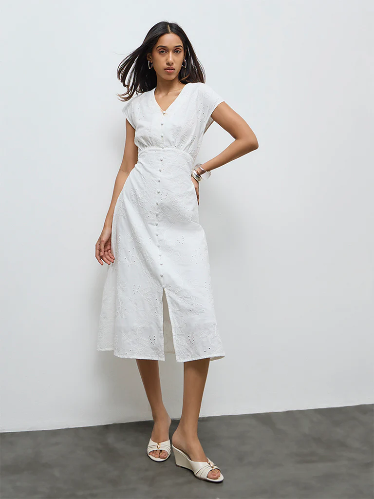 LOV White Floral Embroidered Cotton A-Line Dress