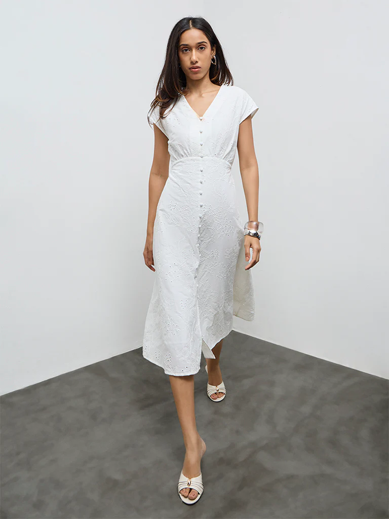 LOV White Floral Embroidered Cotton A-Line Dress - Image 2