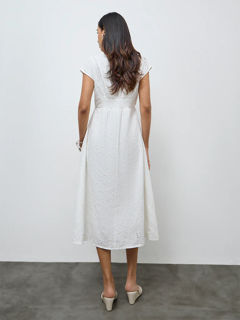 LOV White Floral Embroidered Cotton A-Line Dress - Image 4