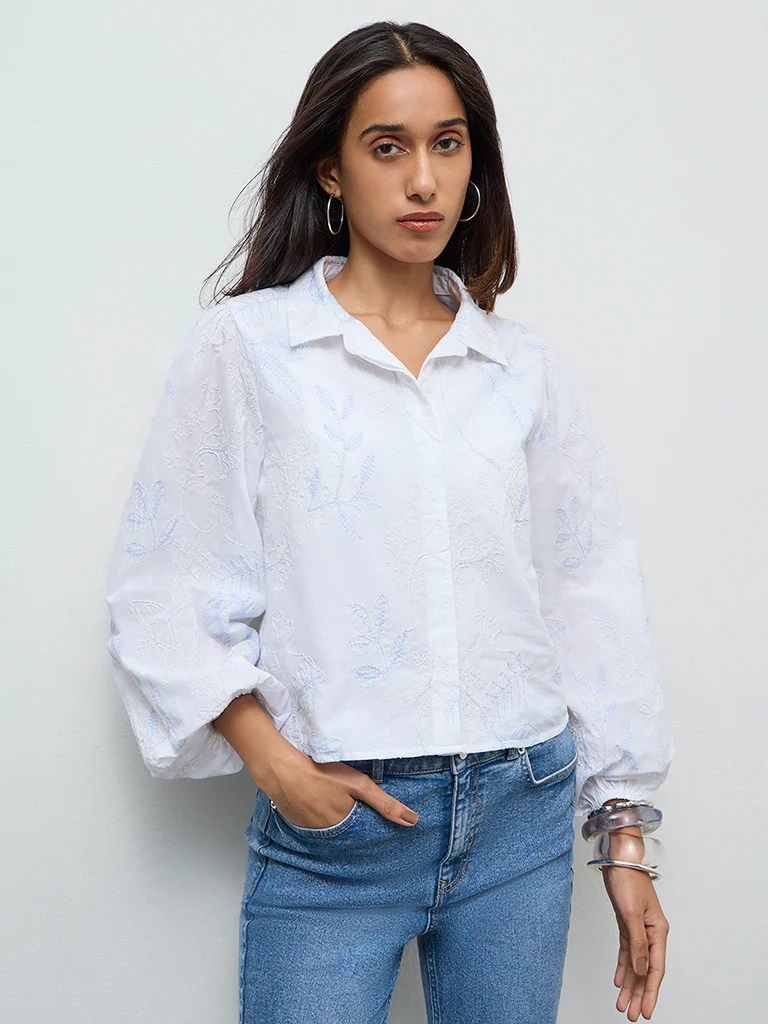 LOV White Floral Embroidered Cotton Shirt