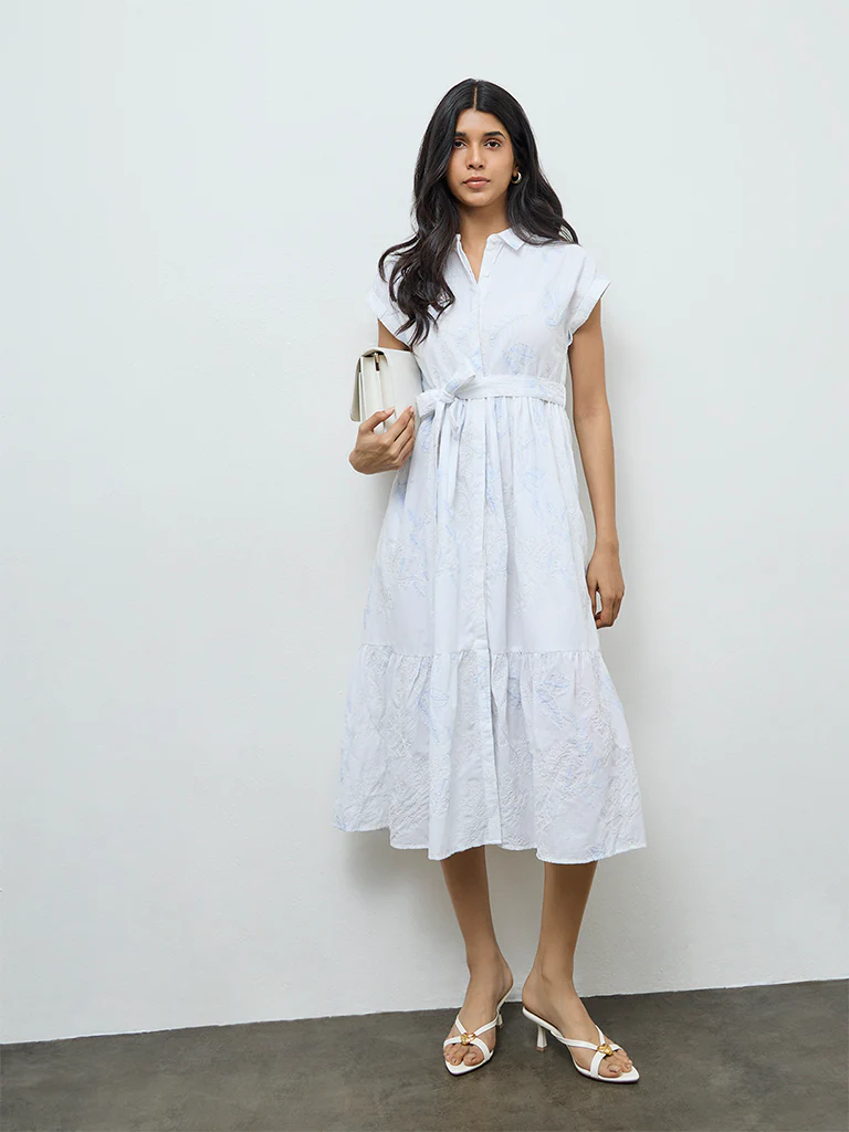 LOV White Floral Embroidered Cotton Shirt Dress with Belt - Image 2