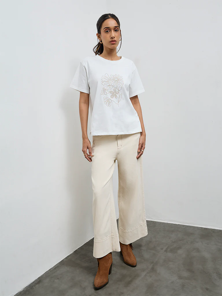 LOV White Floral Embroidered Cotton T-Shirt - Image 2