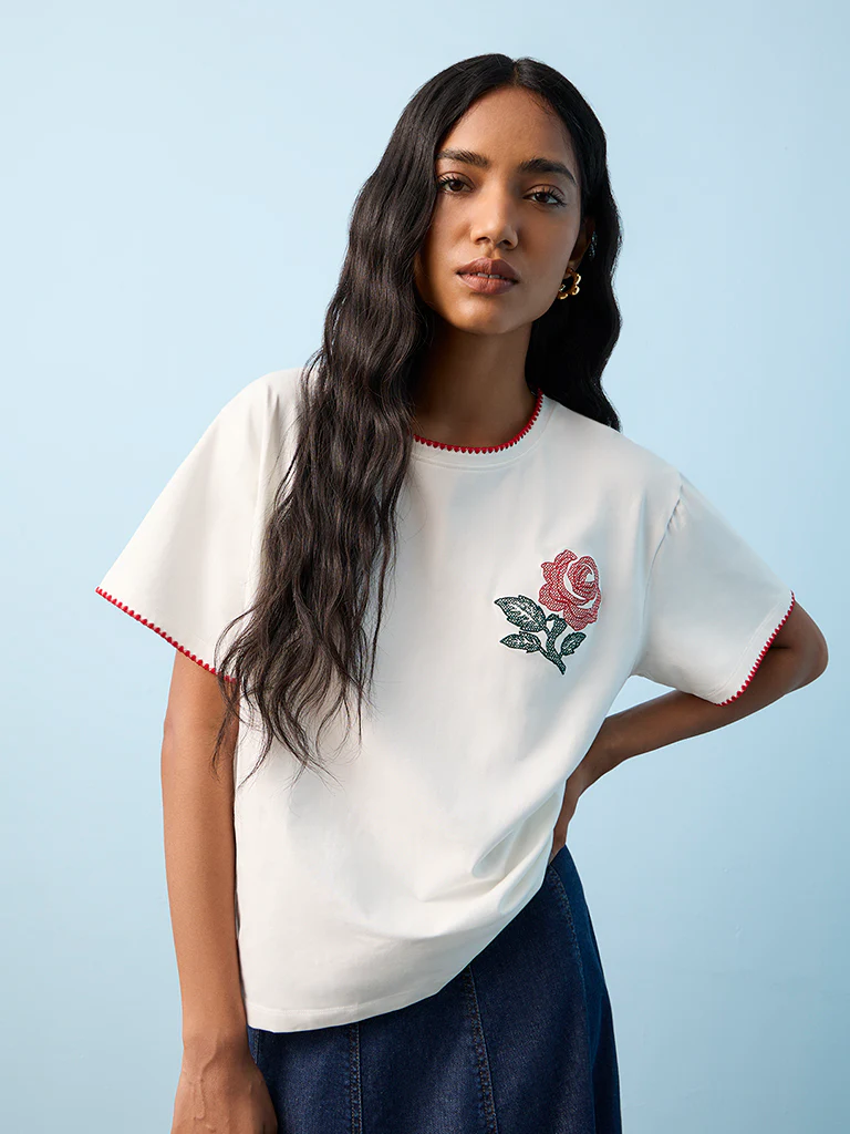 LOV White Floral Embroidered Cotton T-Shirt - Image 2