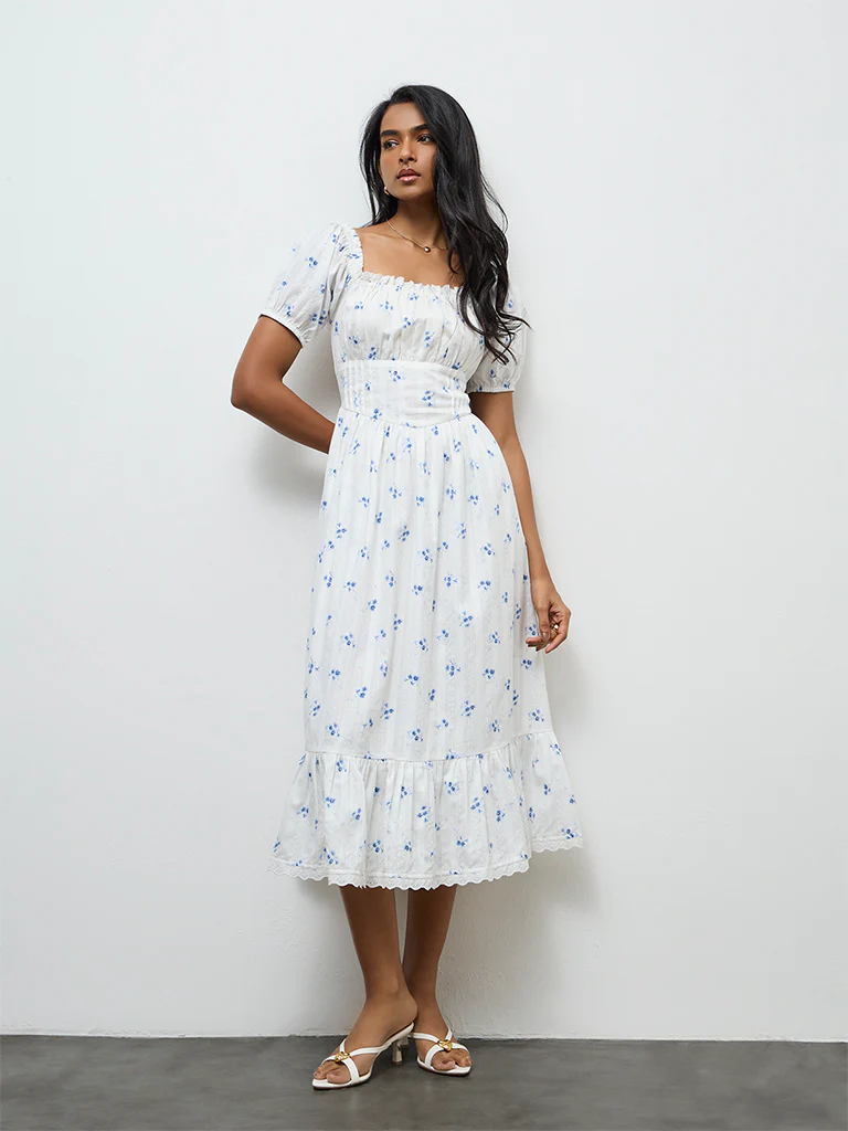 LOV White Floral Printed A-Line Cotton Dress