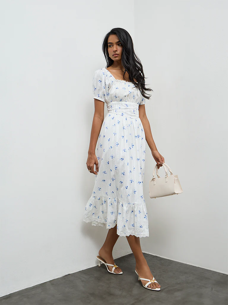 LOV White Floral Printed A-Line Cotton Dress - Image 2