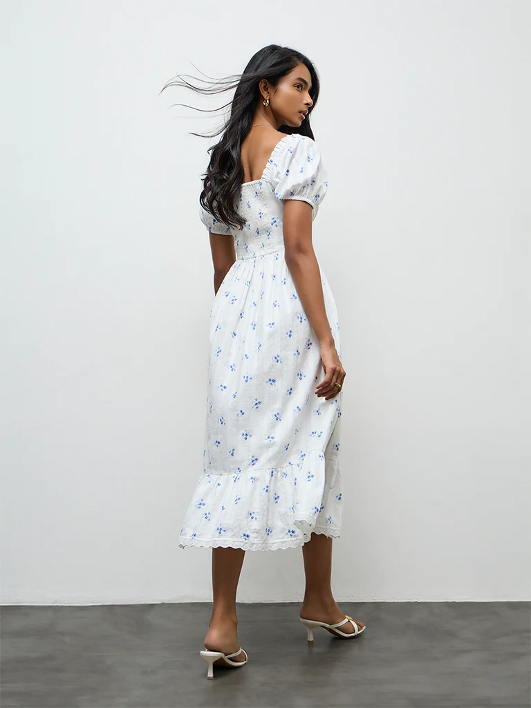 LOV White Floral Printed A-Line Cotton Dress - Image 4