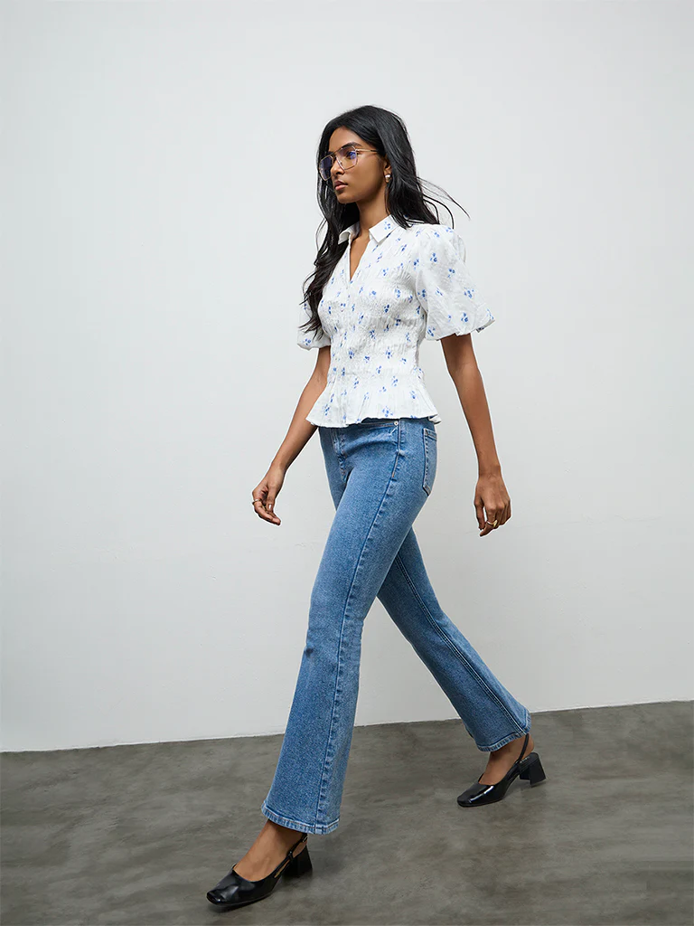 LOV White Floral Printed Smocked Cotton Blouse - Image 2