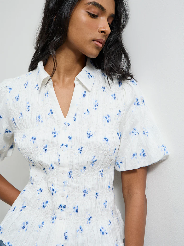 LOV White Floral Printed Smocked Cotton Blouse - Image 3