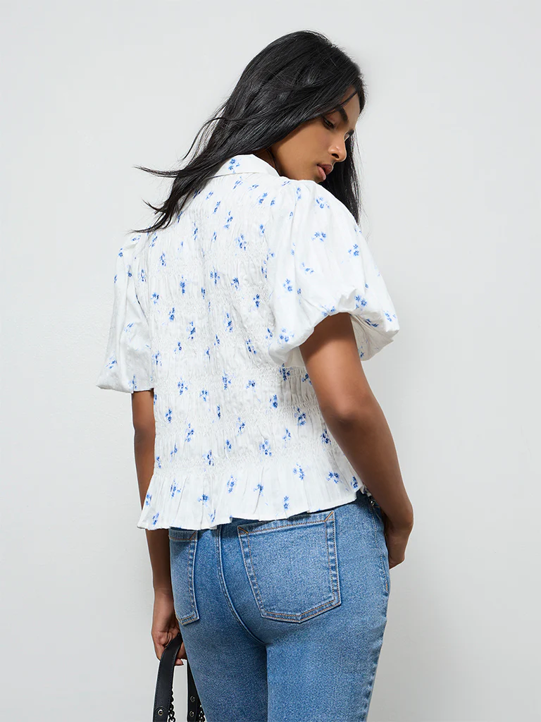 LOV White Floral Printed Smocked Cotton Blouse - Image 4