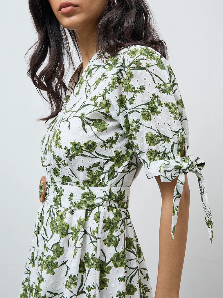 LOV White Foliage Printed Cotton A-Line Dress - Image 3