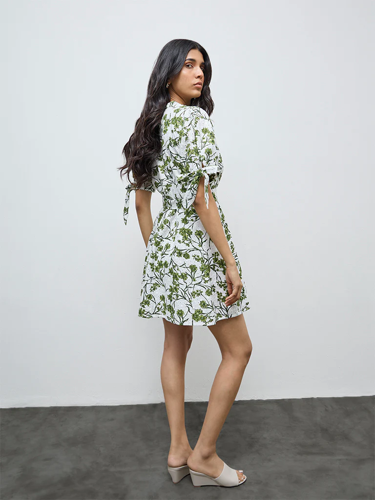 LOV White Foliage Printed Cotton A-Line Dress - Image 4