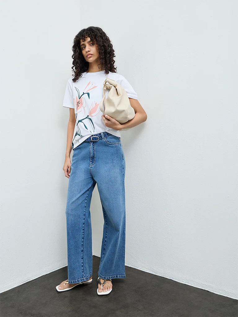LOV White Foliage Printed Cotton T-Shirt - Image 2