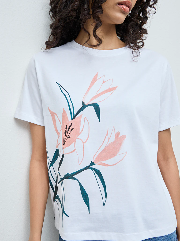 LOV White Foliage Printed Cotton T-Shirt - Image 3
