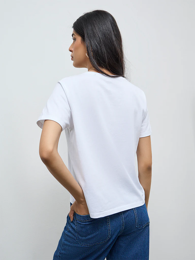 LOV White Graphic Printed Cotton T-Shirt - Image 4