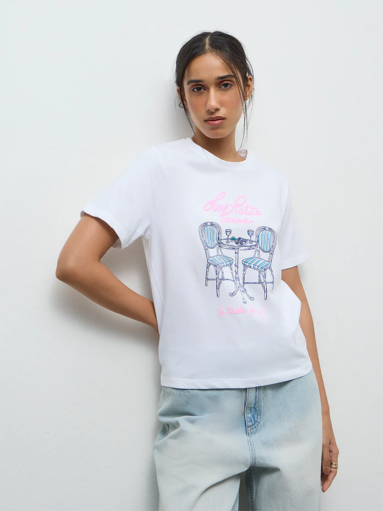LOV White Graphic Printed Cotton T-Shirt - Image 2