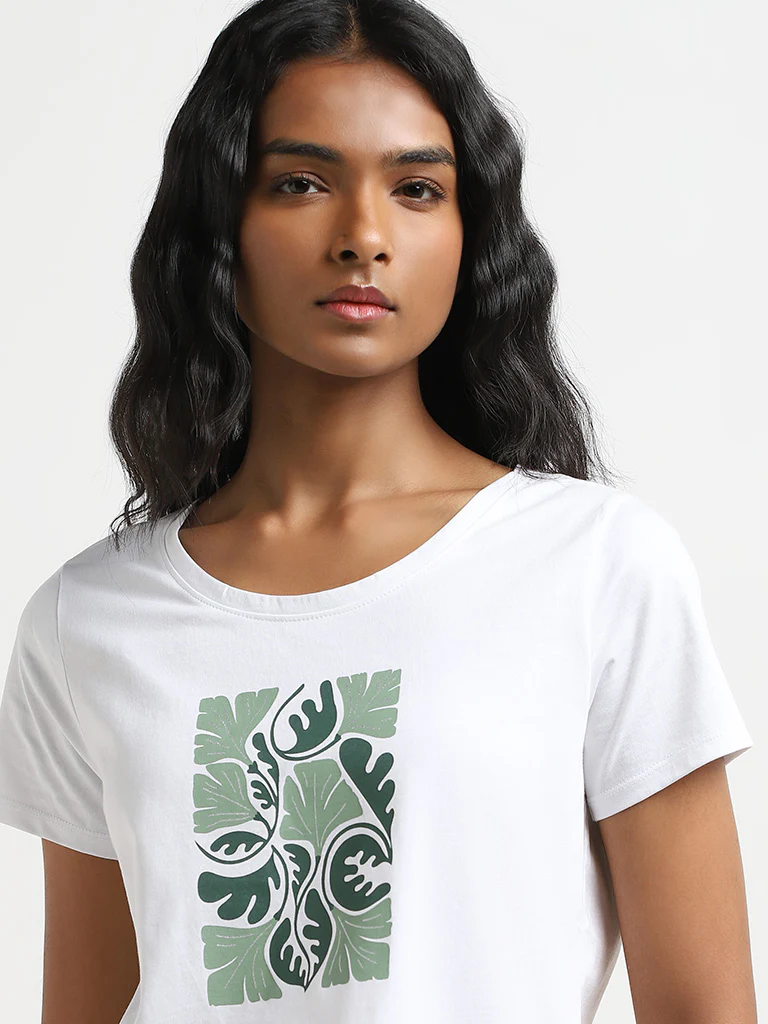 LOV White Leaf Print Cotton T-Shirt - Image 2
