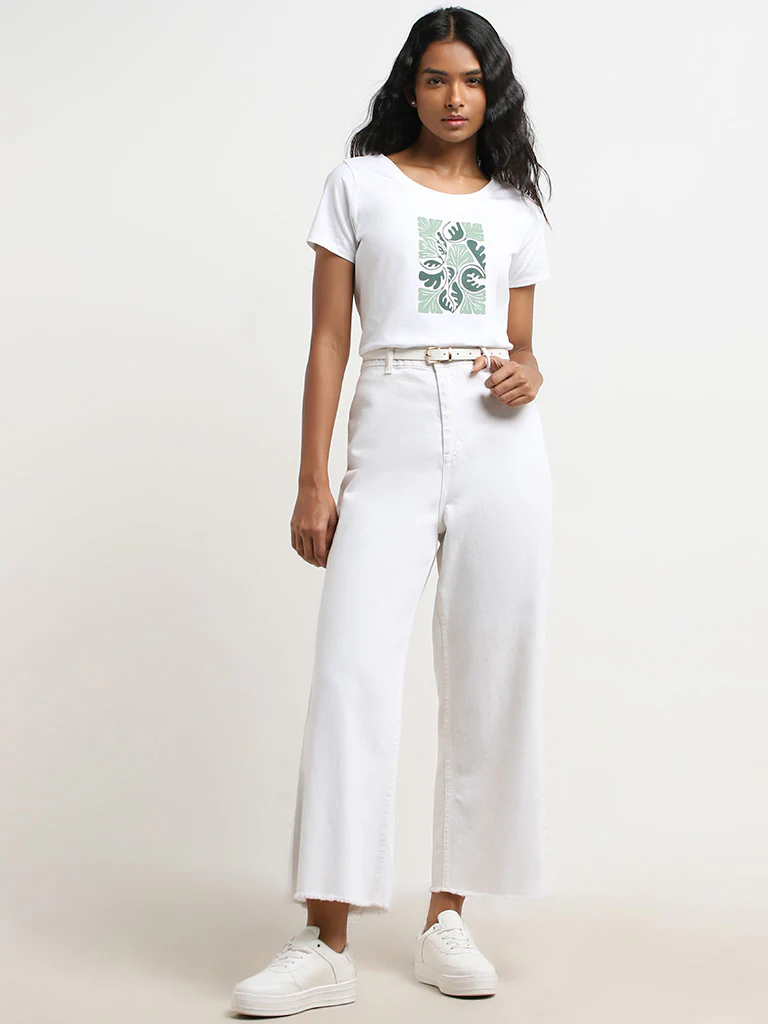 LOV White Leaf Print Cotton T-Shirt - Image 3