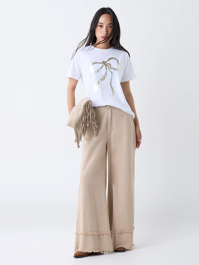 LOV White Printed Cotton T-Shirt