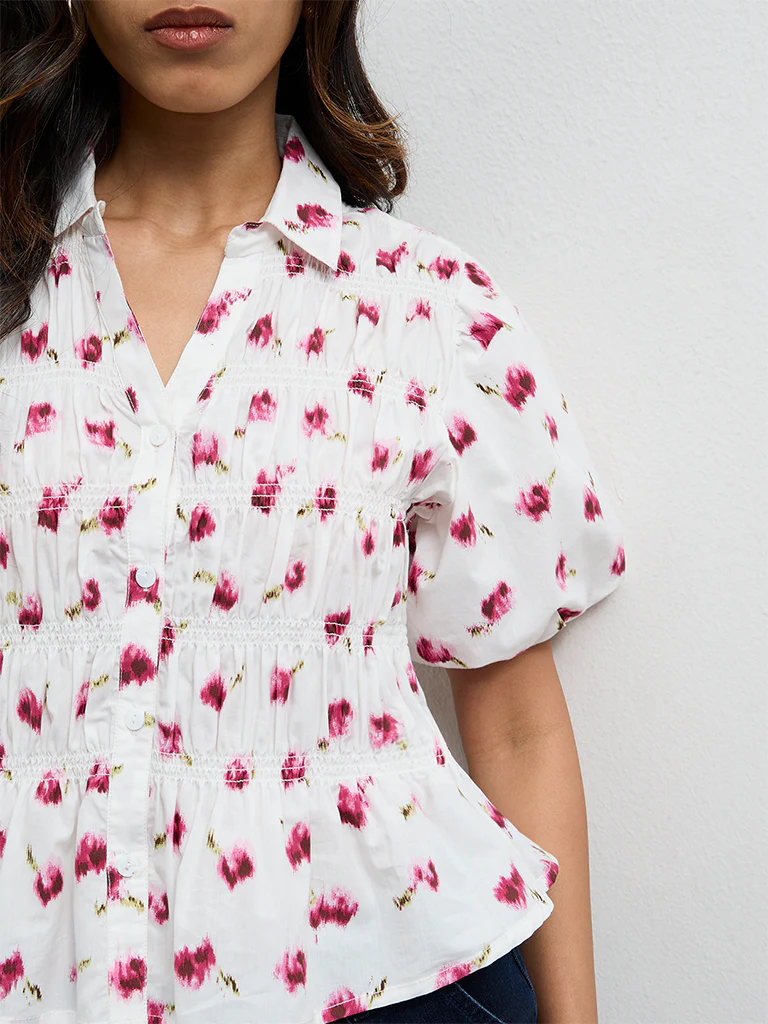 LOV White Printed Smocked Cotton Blouse - Image 3