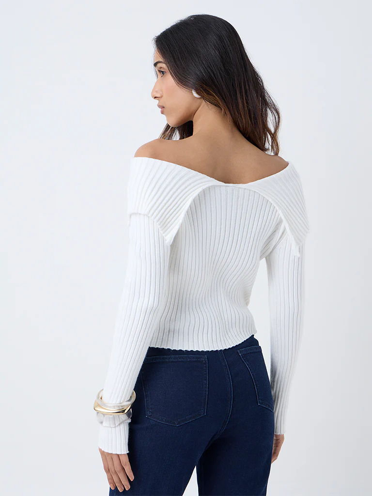 LOV White Ribbed Off-Shoulder Top - Image 4