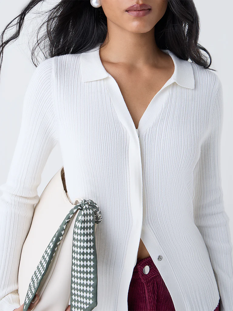 LOV White Ribbed-Textured Cardigan - Image 3