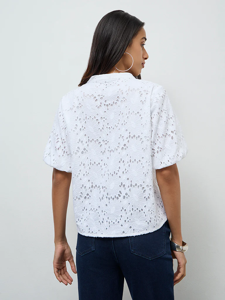 LOV White Schiffli Embroidered Cotton Blouse - Image 4