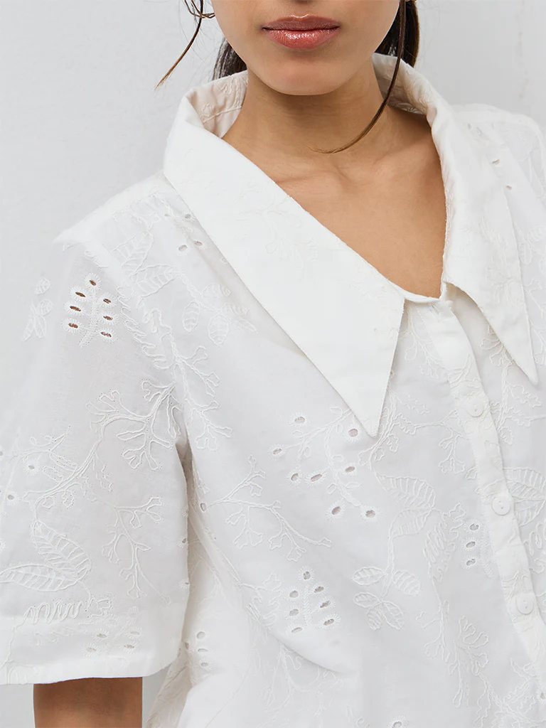 LOV White Schiffli Embroidered Cotton Shirt - Image 3