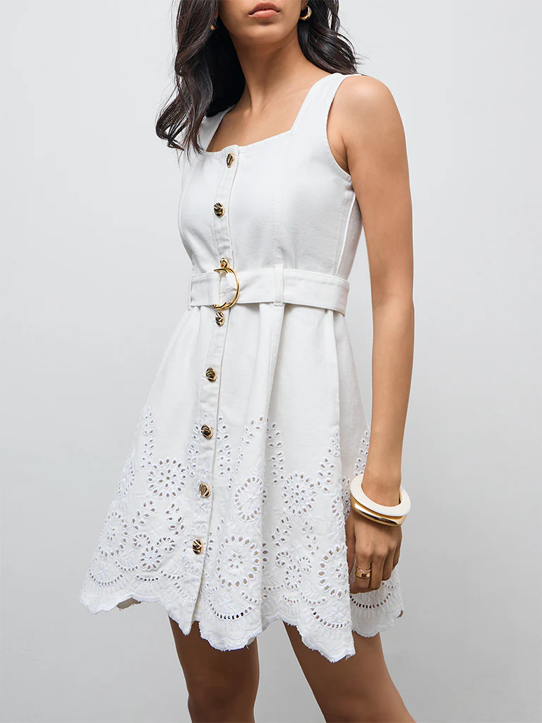 LOV White Schiffli Embroidered Denim A-Line Dress with Belt - Image 3