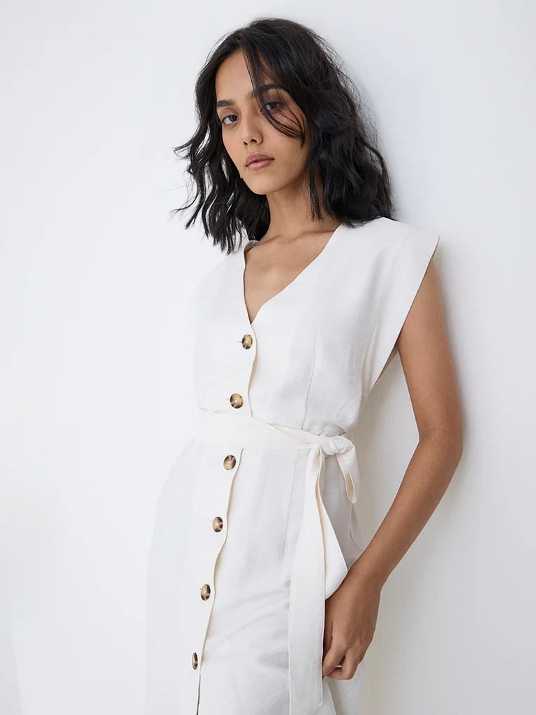 LOV White Solid A-Line Dress with Belt-Online Exclusive - Image 3