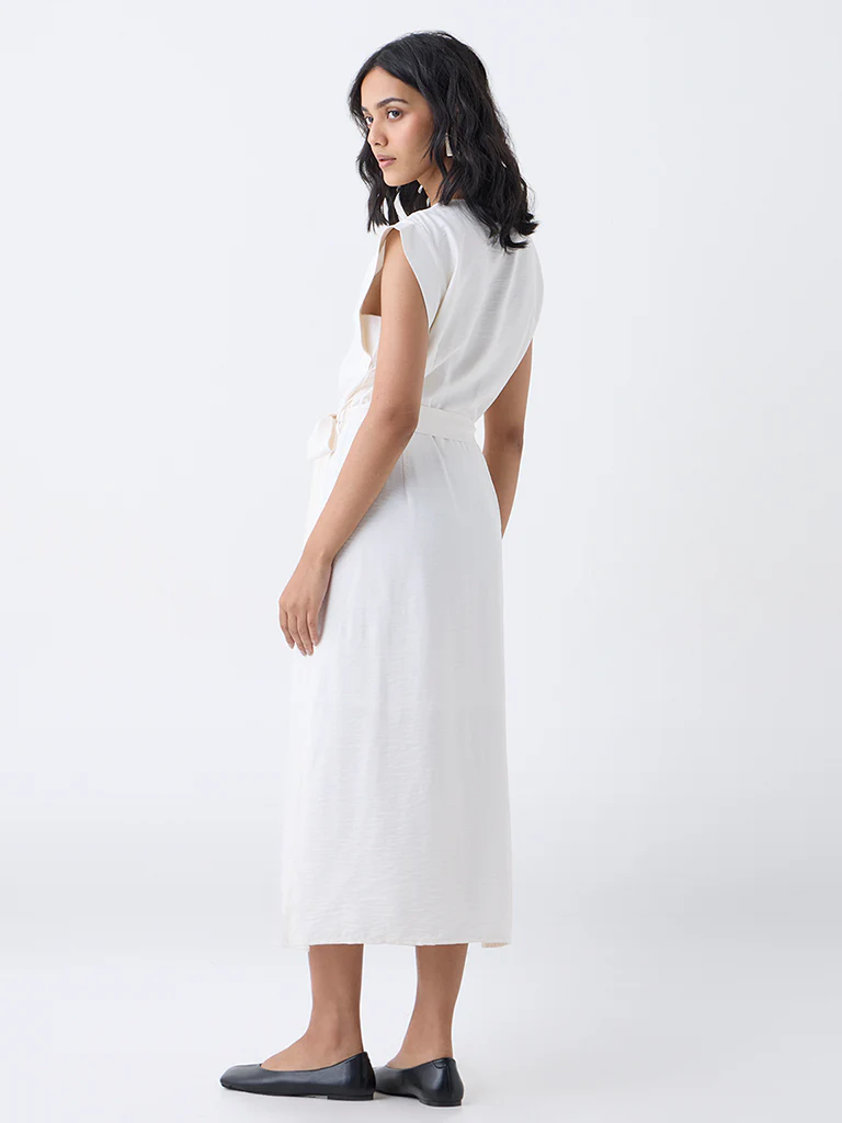 LOV White Solid A-Line Dress with Belt-Online Exclusive - Image 4