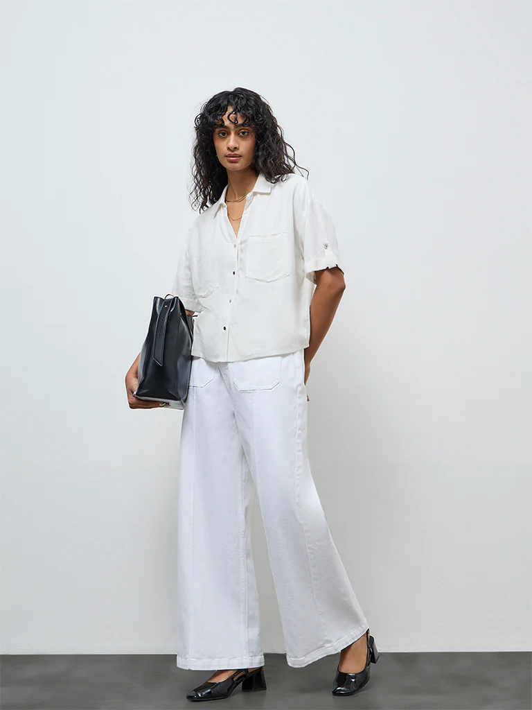 LOV White Solid Linen-Blend Shirt - Image 2