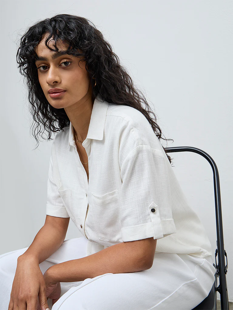 LOV White Solid Linen-Blend Shirt - Image 3
