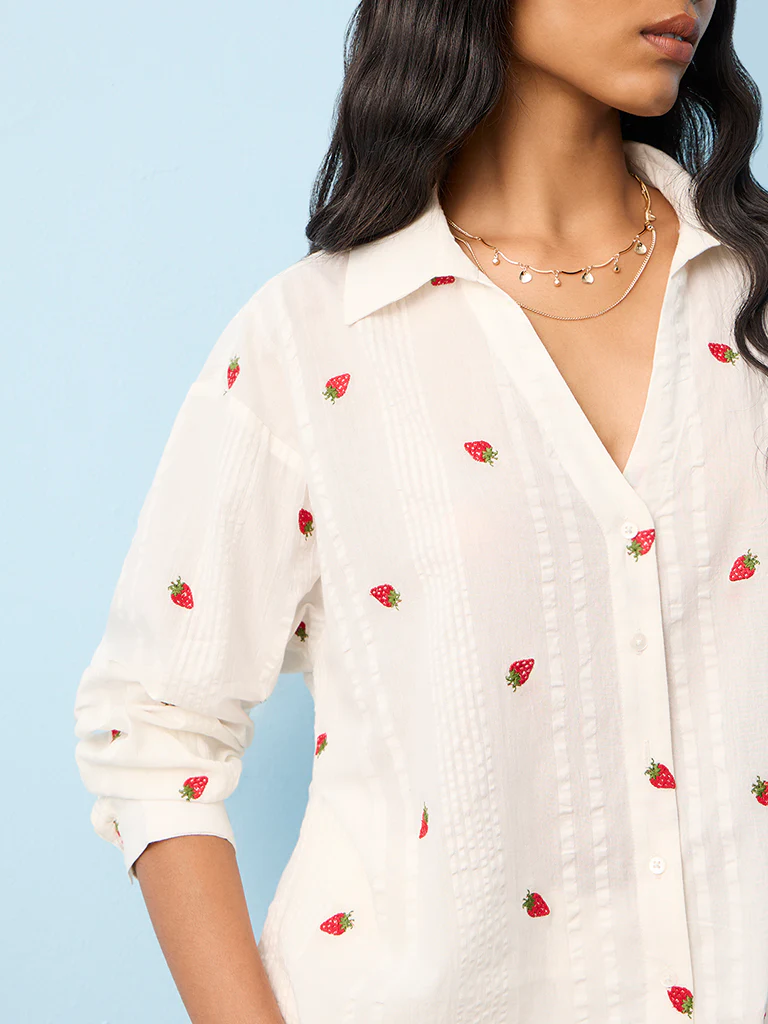 LOV White Strawberry Design Cotton Shirt - Image 3