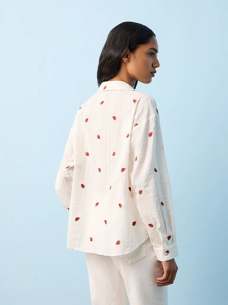 LOV White Strawberry Design Cotton Shirt - Image 4