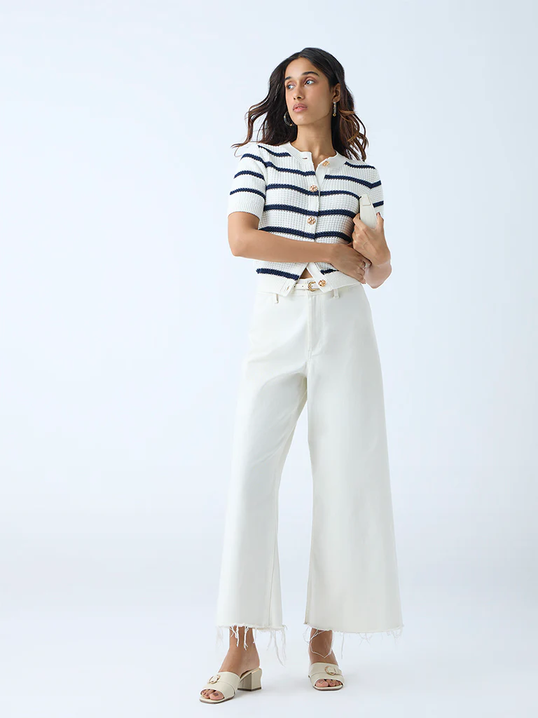 LOV White Striped Knit-Textured Cotton Cardigan - Image 2