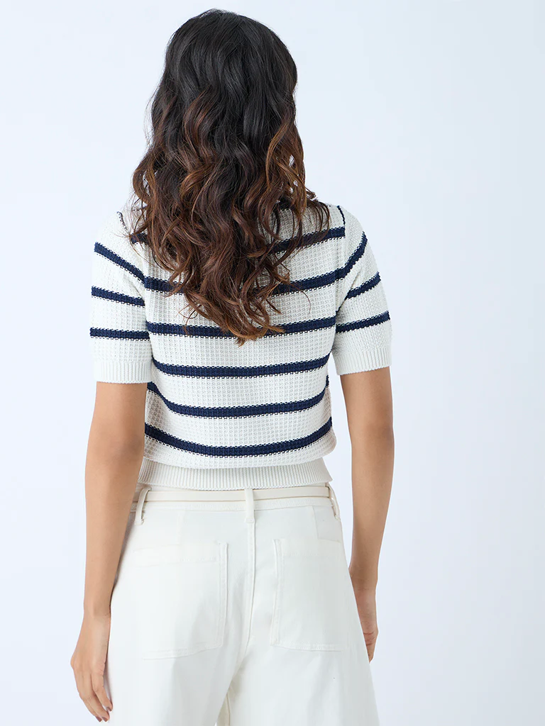 LOV White Striped Knit-Textured Cotton Cardigan - Image 4